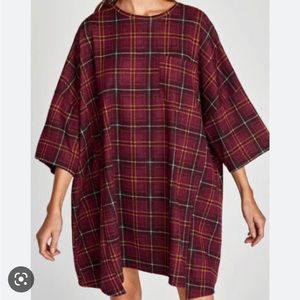 Zara Oversized Boxy Maroon Plaid Short Sleeved Dress. Size Small